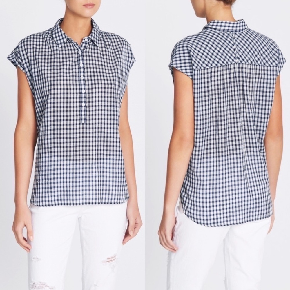 Rails Navy Gingham Check Cotton Cap Sleeve Button Front Blouse Top XS